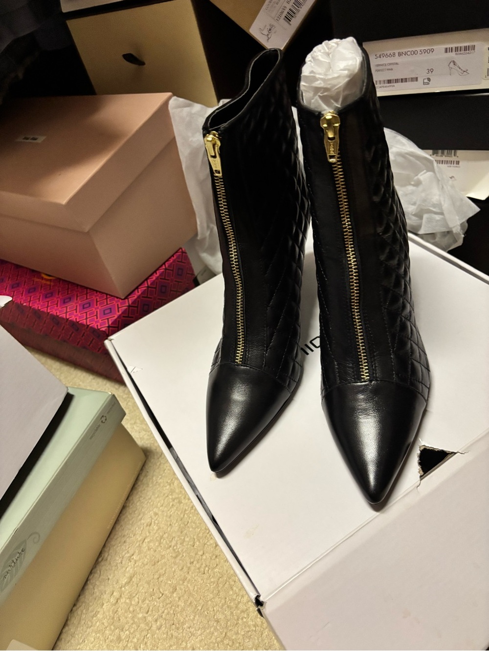 Chico's Black Quilted Pointed-Toe Ankle Boots with Gold Zipper